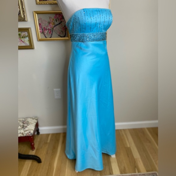 Vintage Y2K Cache Satin Beaded Strapless Long Blue Lace Up Back Dress Size 5/6 - Picture 2 of 12